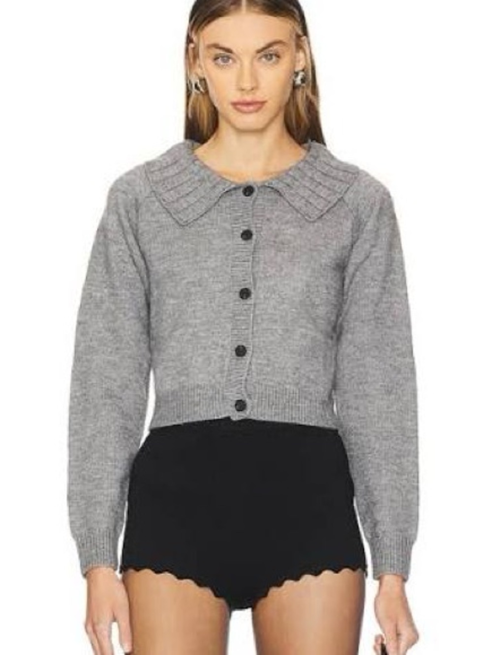 REVOLVE Gray Cropped Button-Front Sweater with Pointed Collar